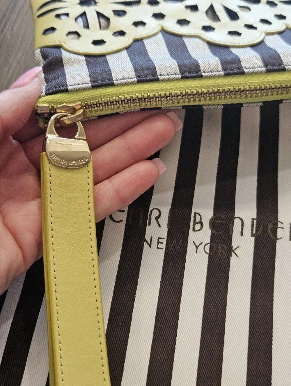 Henri Bendel Vibrant Yellow Laser Cut Floral Wristlet Clutch + Dust Bag